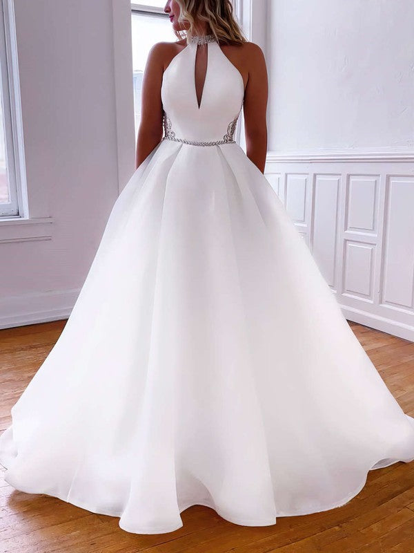 Deluxe High Neck Organza Court Train Ball Gown Wedding Dresses with Pockets