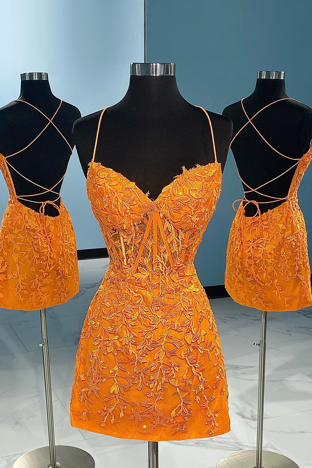 Orange Spaghetti Straps Tight Short Homecoming Dress/Mini Dress with Appliques