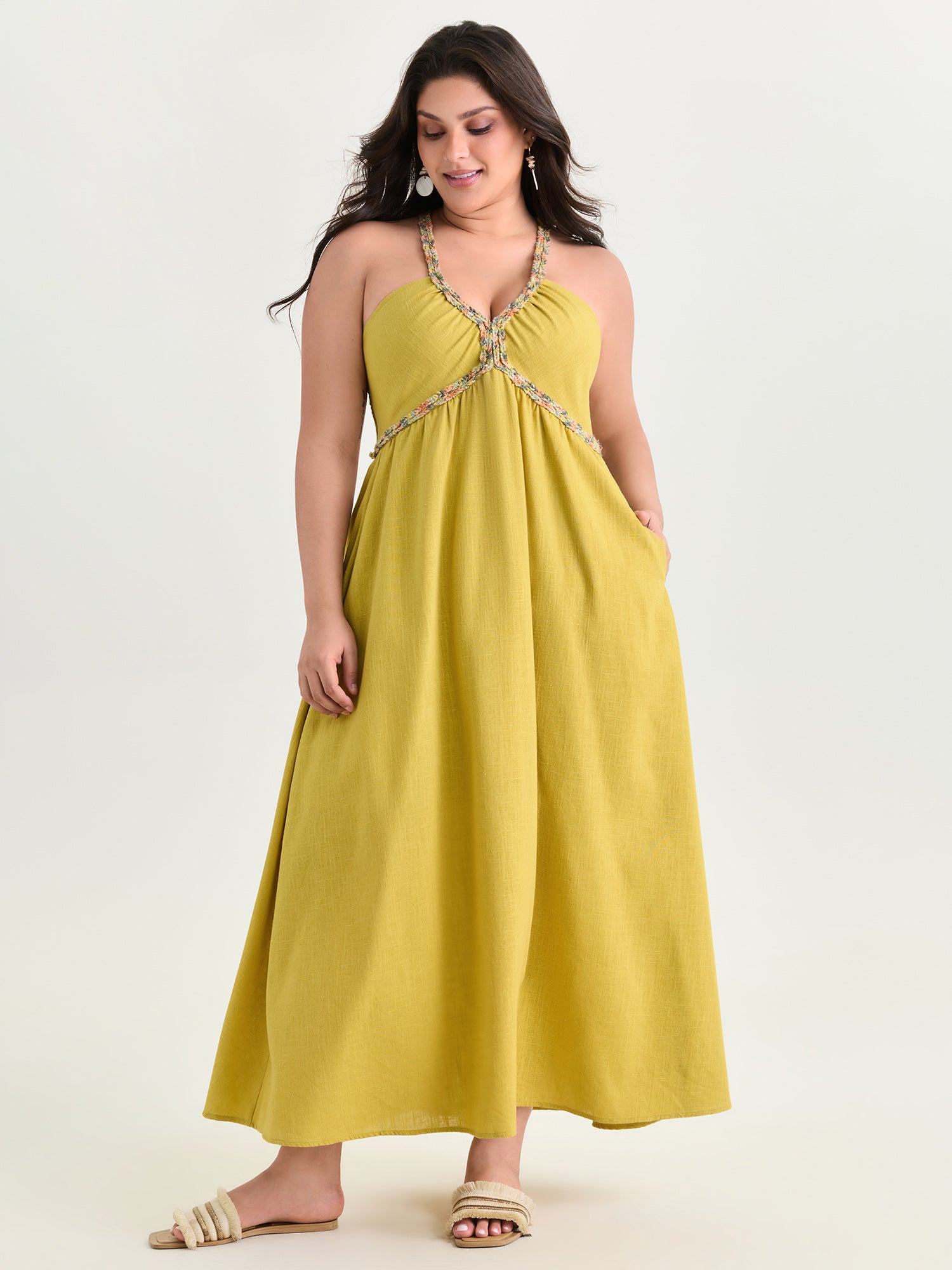 Cotton Linen Breathable Color Contrast Edges Maxi Dress