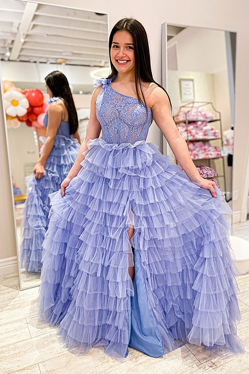 Light purple tiered prom dress with ruffles one-shoulder corset design