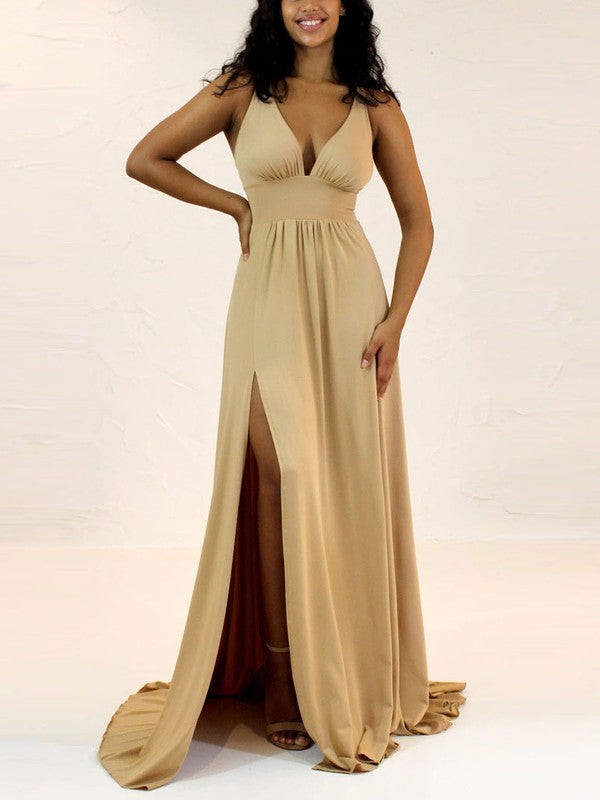 Stunning Sweep Train A-Line V-Neck Sleeveless Bridesmaid Dresses with Split