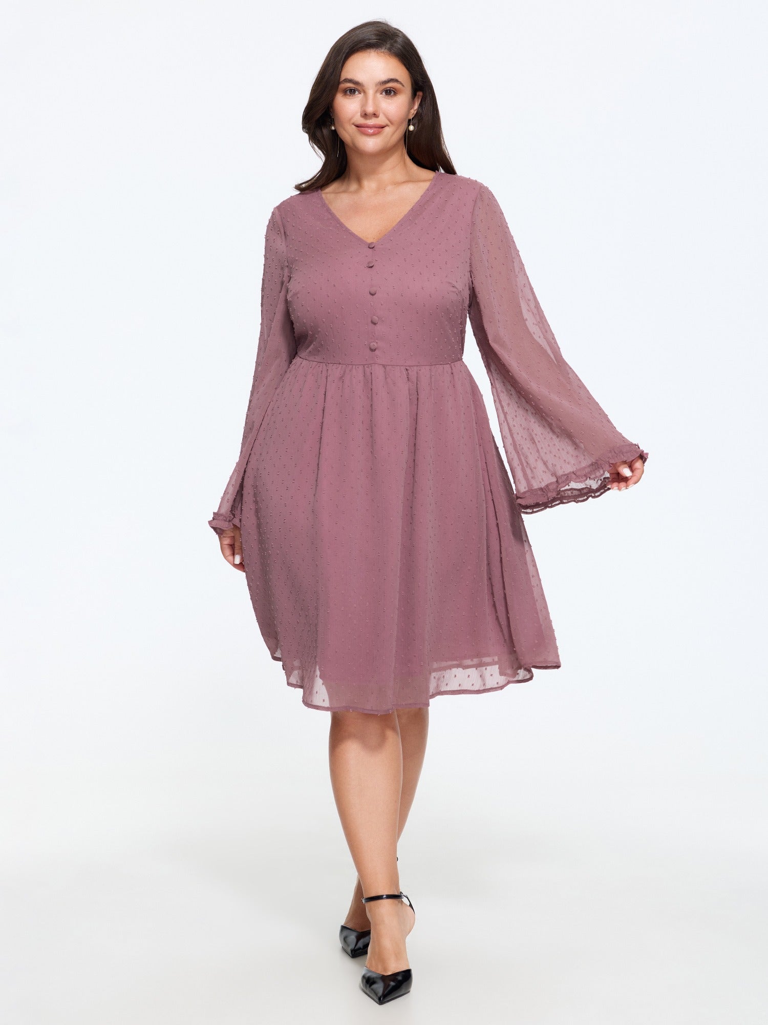 V‑Neck Button Detail Flare Sleeve Chiffon Mini Dress