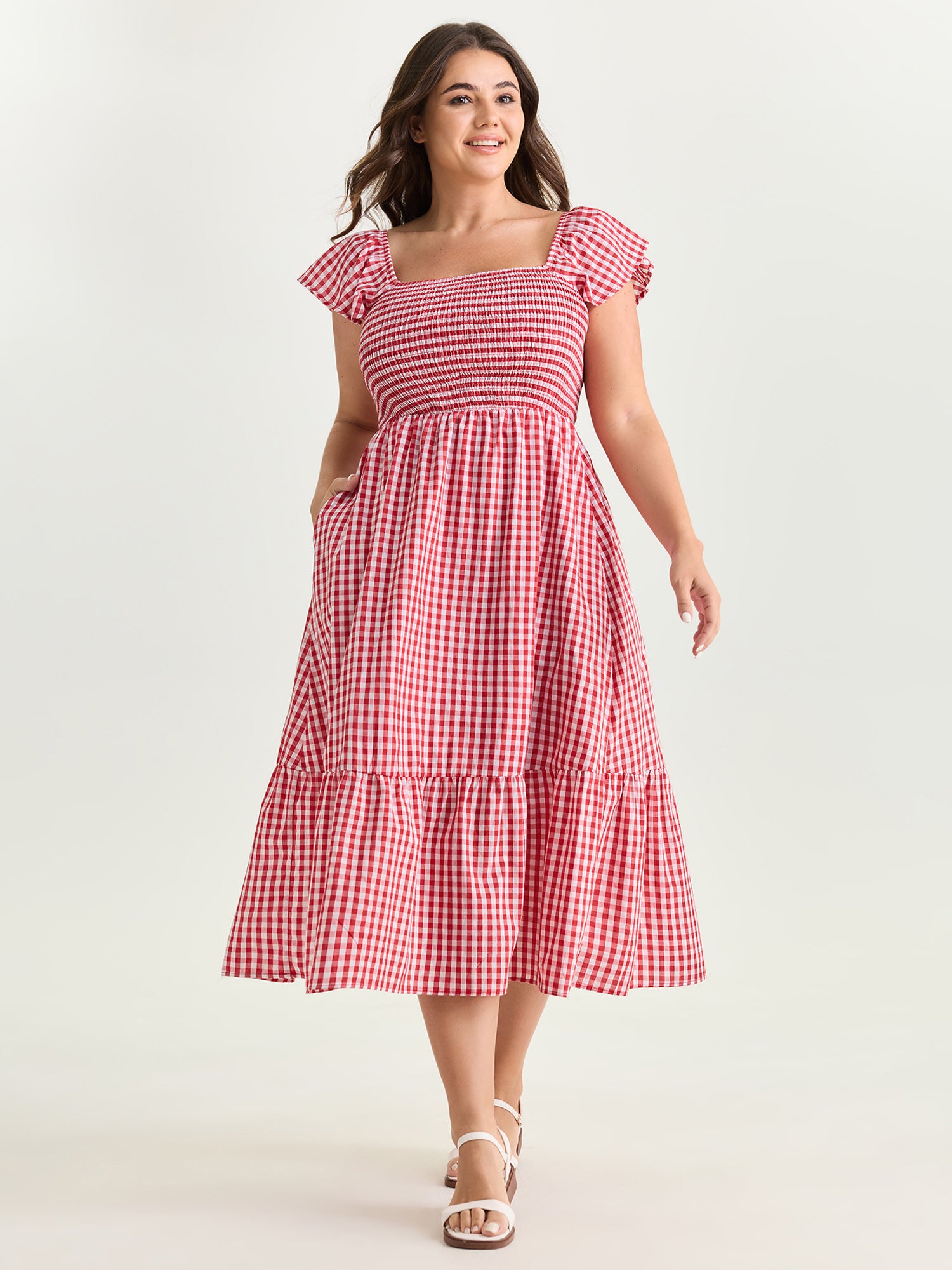 Cotton Gingham Print Shirred Bodice Midi Dress