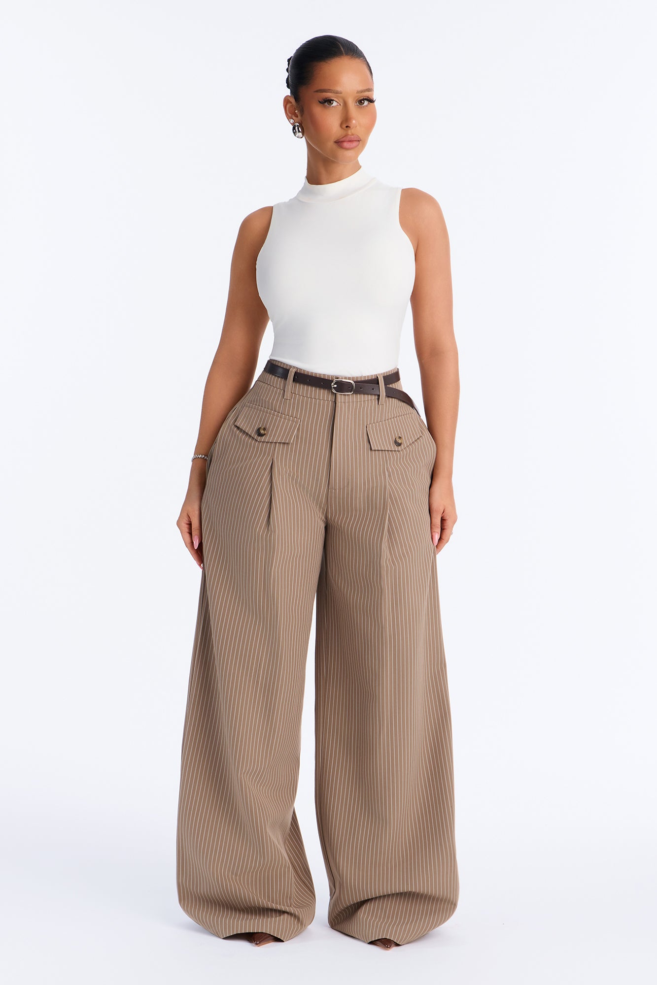 Maisie High Rise Belted Wide Leg Trouser - Taupe