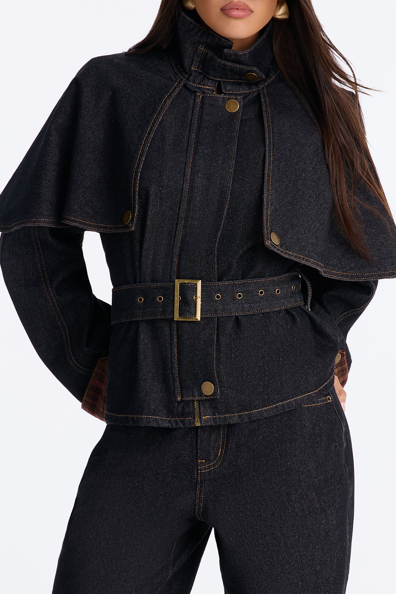 Isolde Plaid Belted Cape Denim Jacket - Black
