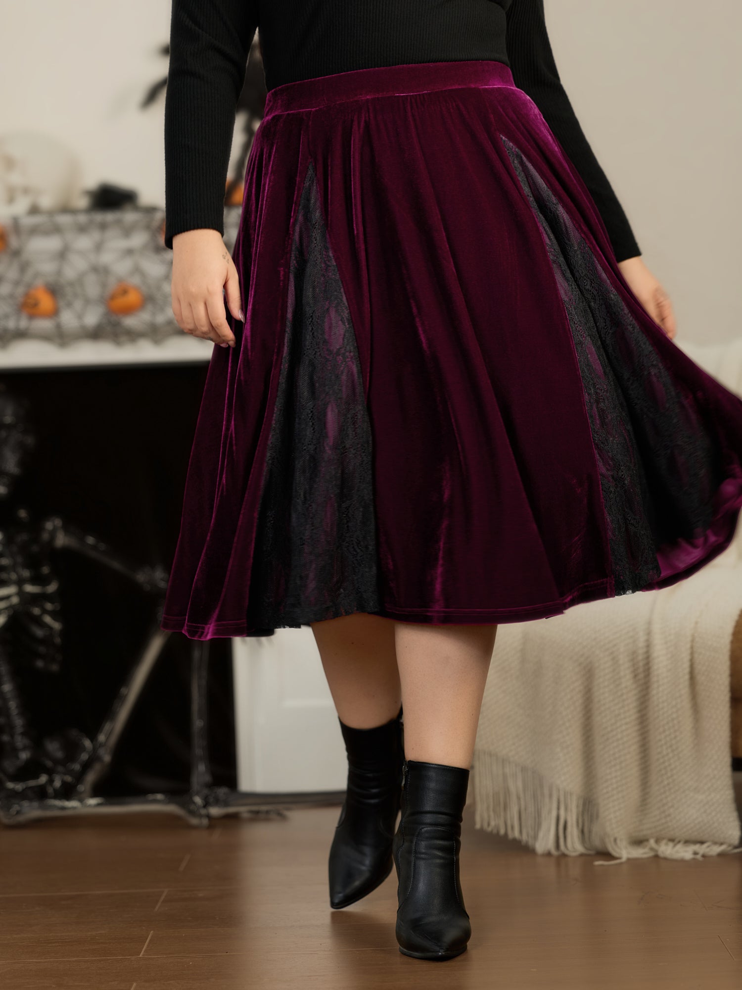 Velvet Lace Mesh Panel Midi Skirt