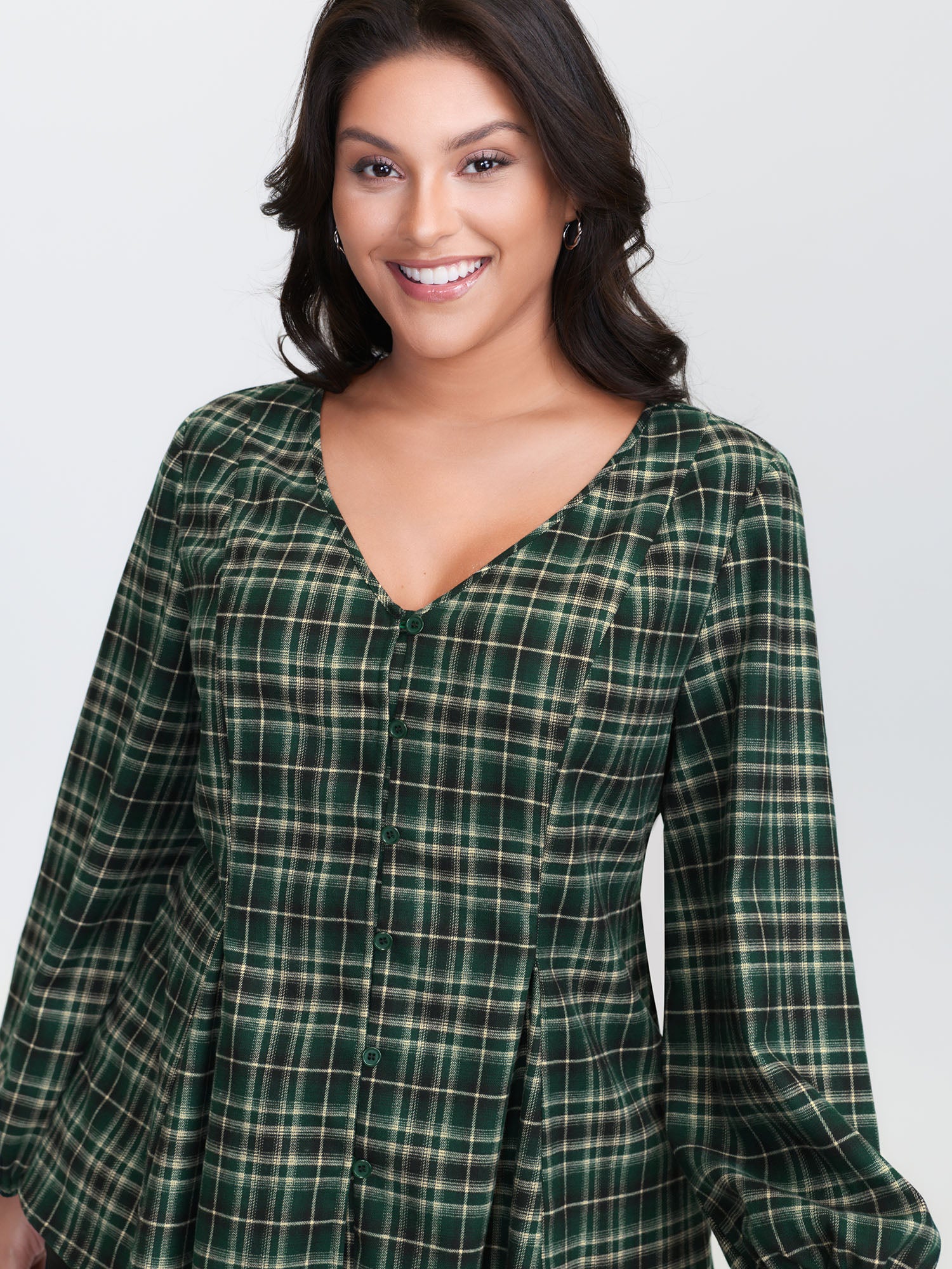Plaid Print Cinched-Waist V-Neck Blouse