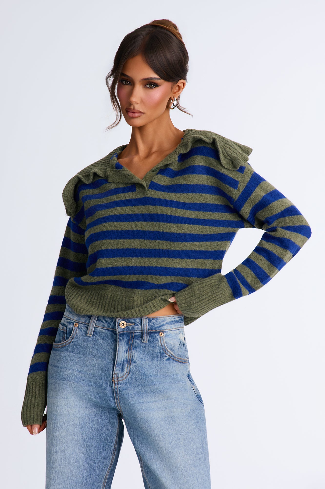 Wendy Ruffled Collar Polo Sweater - Olive/combo