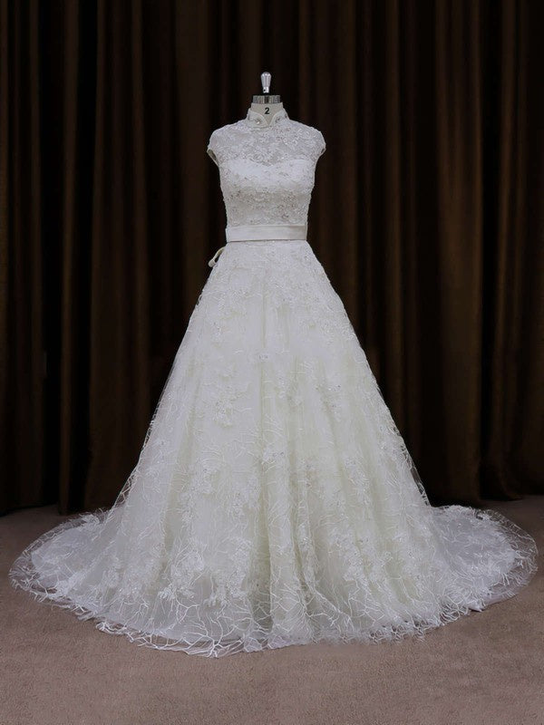 Glamorous High Neck Capped Lace Chapel Train Wedding Dresses with Ribbon