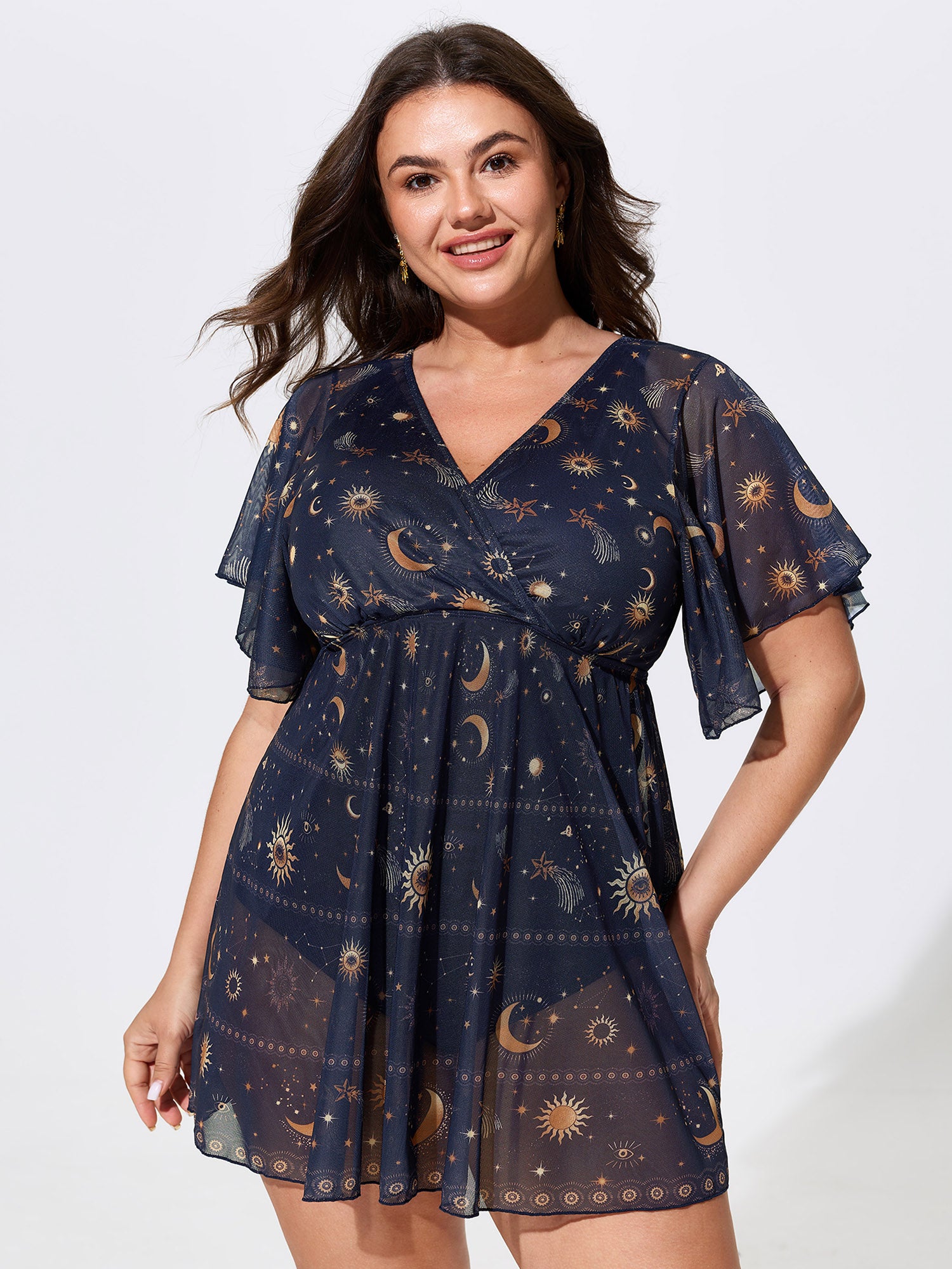 Sheer Star Moon Print Swim Dress