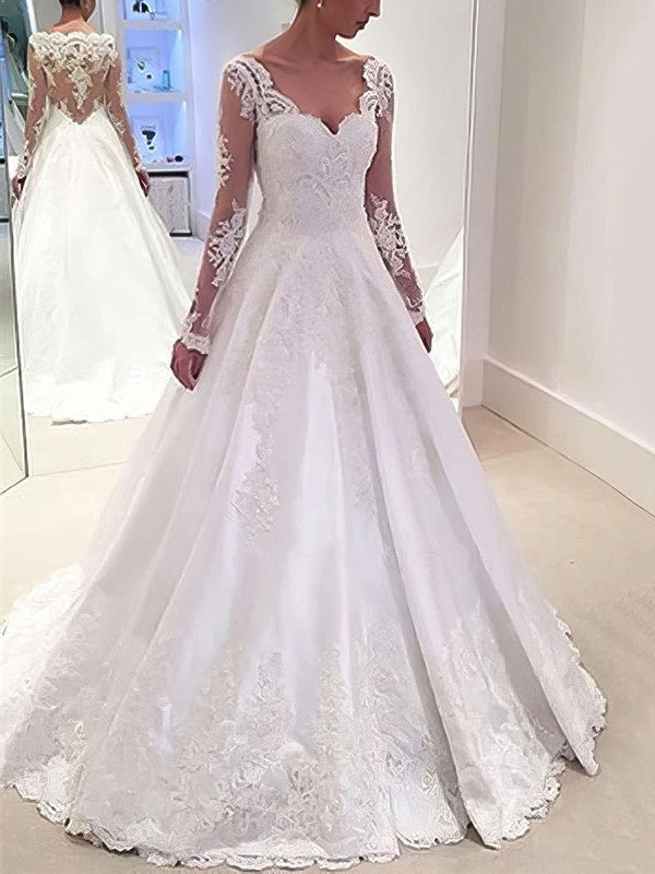 Stunning V-Neck Long Sleeves A-Line Lace Satin Sweep Train Wedding Dresses with Appliques