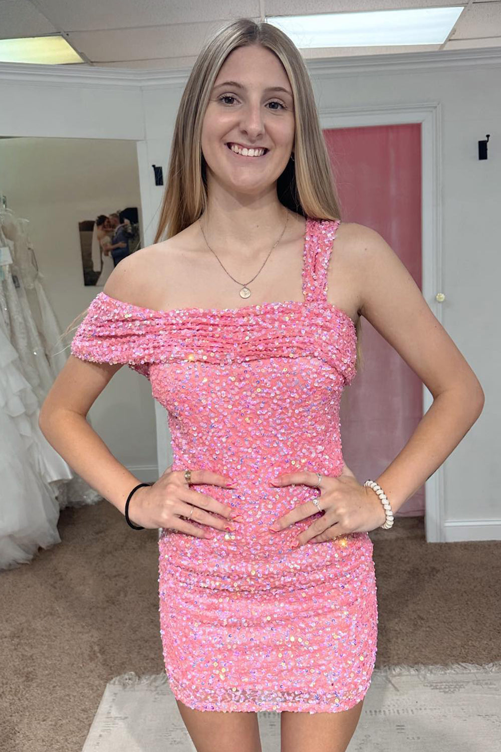 Sparkly One Shoulder Pink Sequins Tight Short Homecoming Dress/Mini Dress