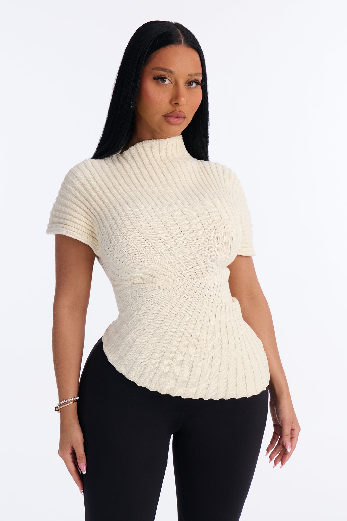 Sugared Kiss Pleated Short Sleeve Sweater - Cream