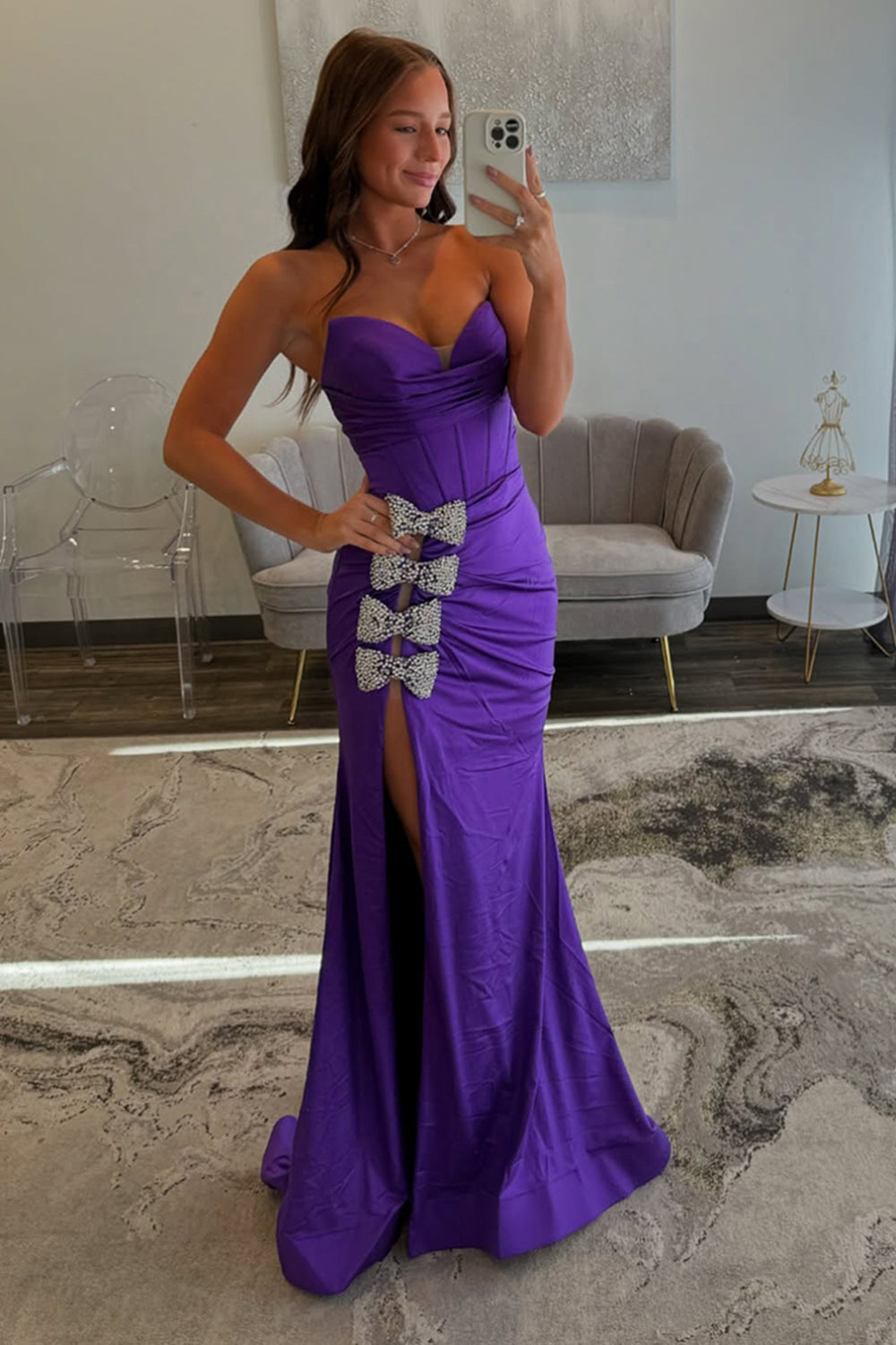 Long Satin Prom Dress in Sparkly Purple with Sweetheart Corset and Bow