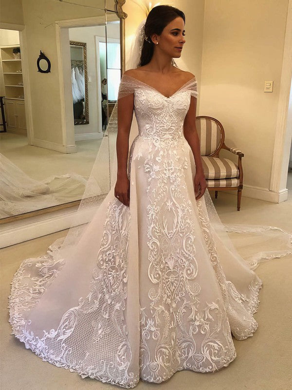 Deluxe Chapel Train A-Line Off-The-Shoulder Wedding Dresses