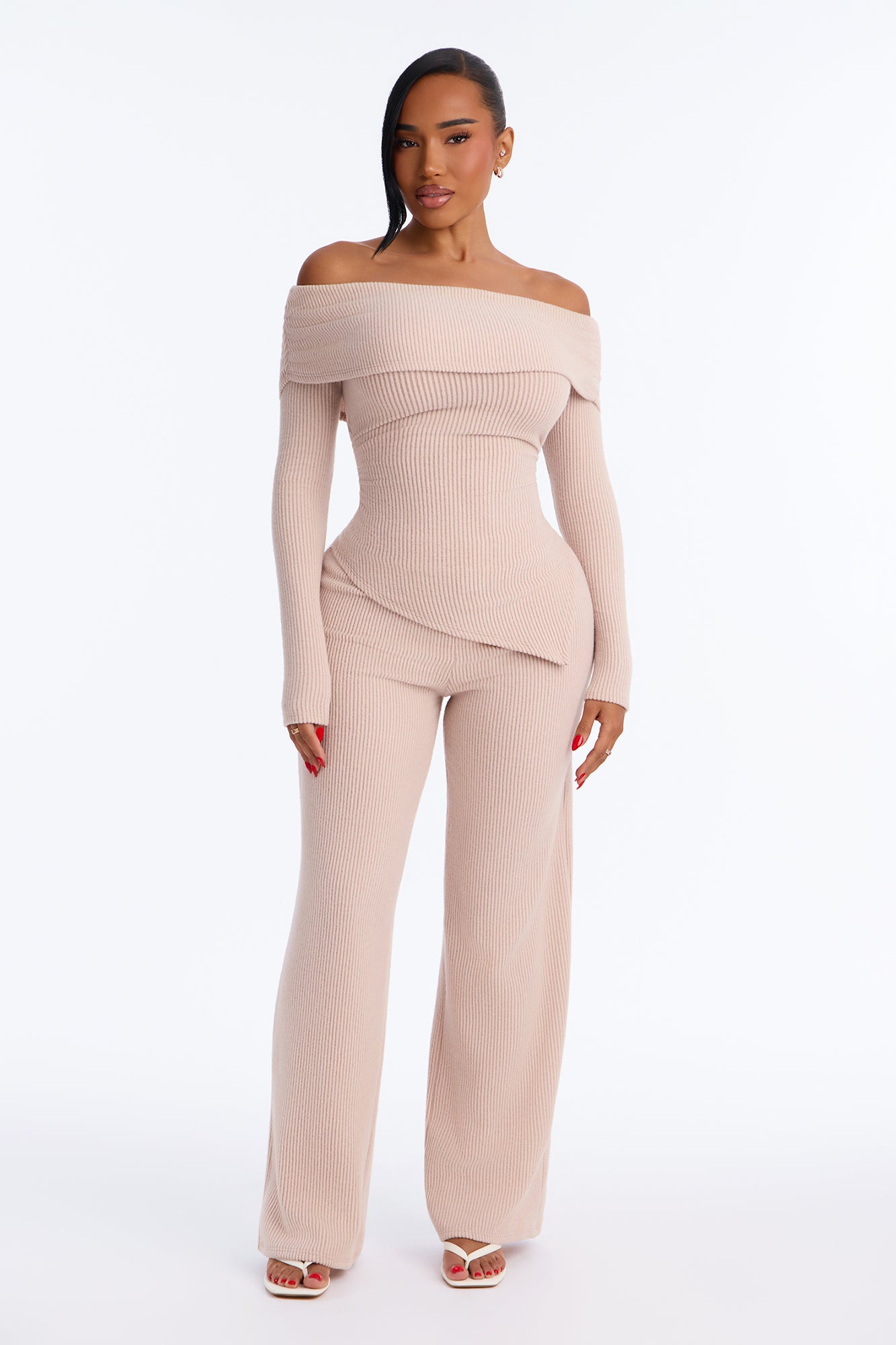 All Yours Off Shoulder Ribbed Pant Set - Oatmeal