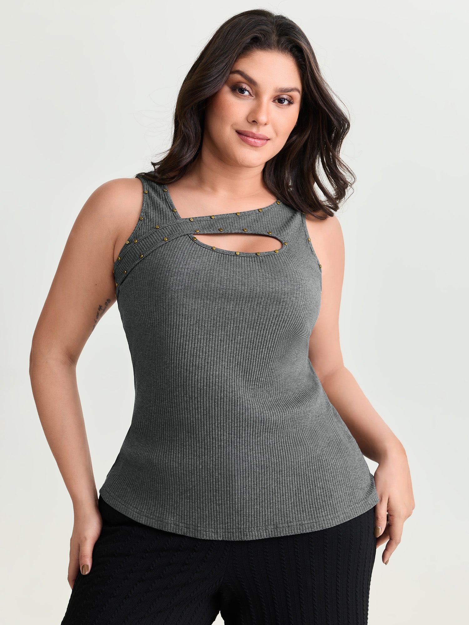 Cotton Ribbed Asymmetric Neckline Tank Top