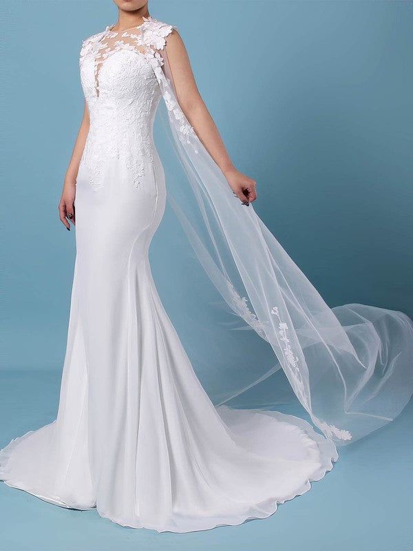 Stylish Mermaid Jewel Sleeveless Lace Chiffon Watteau Train Wedding Dresses with Appliques
