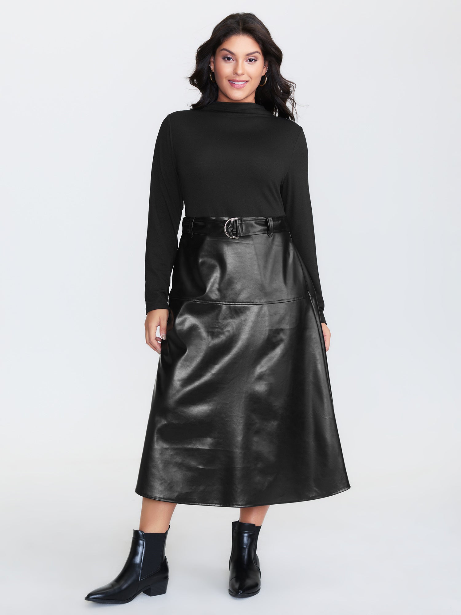PU Leather Mock Neck Belted Midi Dress