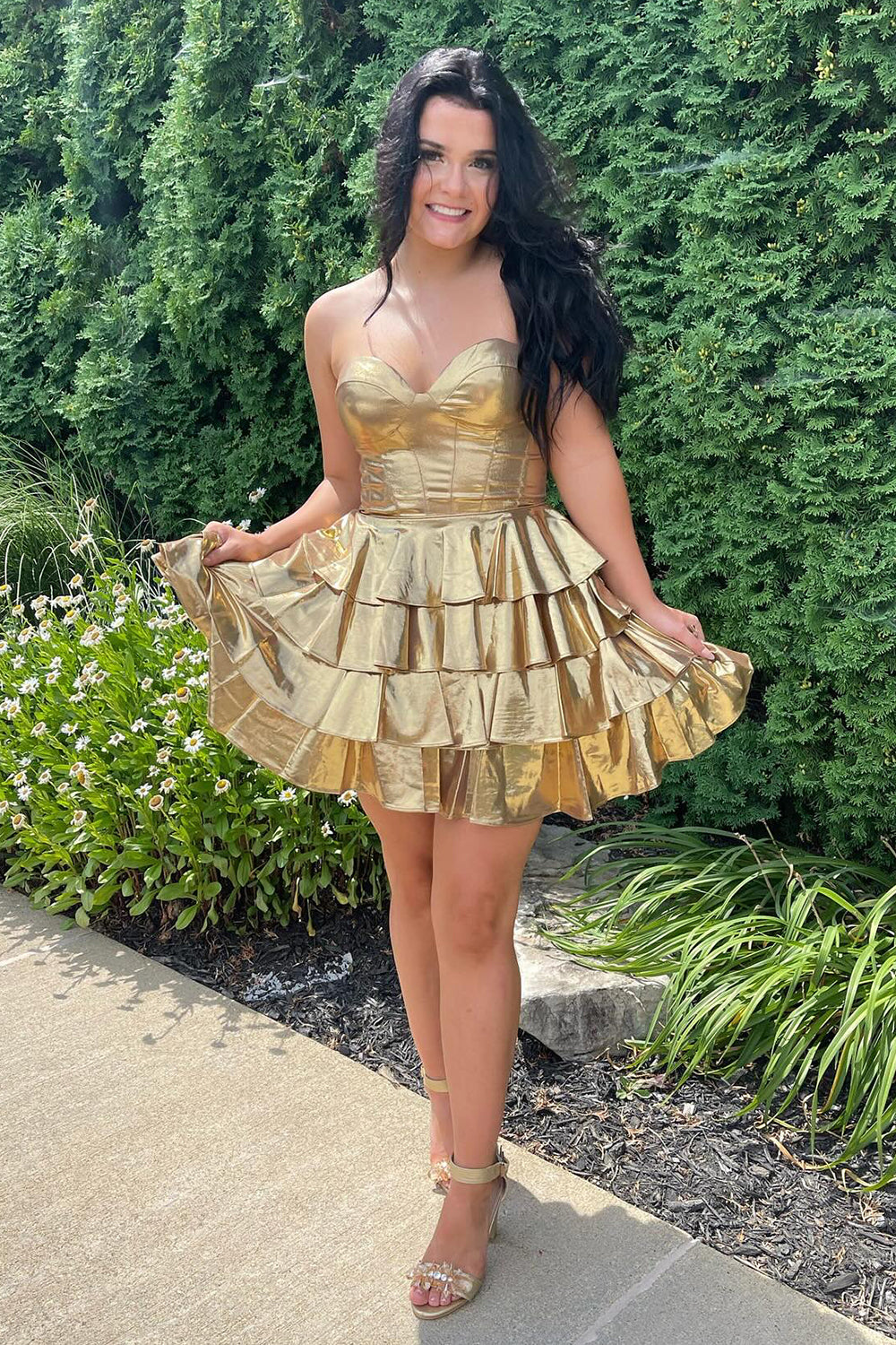 A Line Golden Sweetheart Corset Short Homecoming Dress/Mini Dress With Ruffles