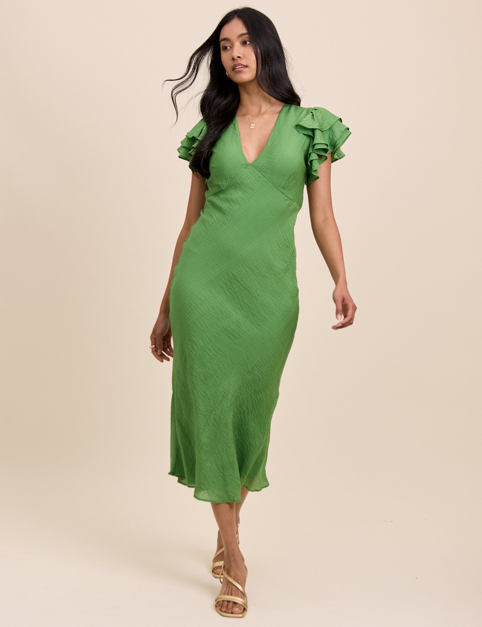 Green Frill Sleeve Layla Midi Dress