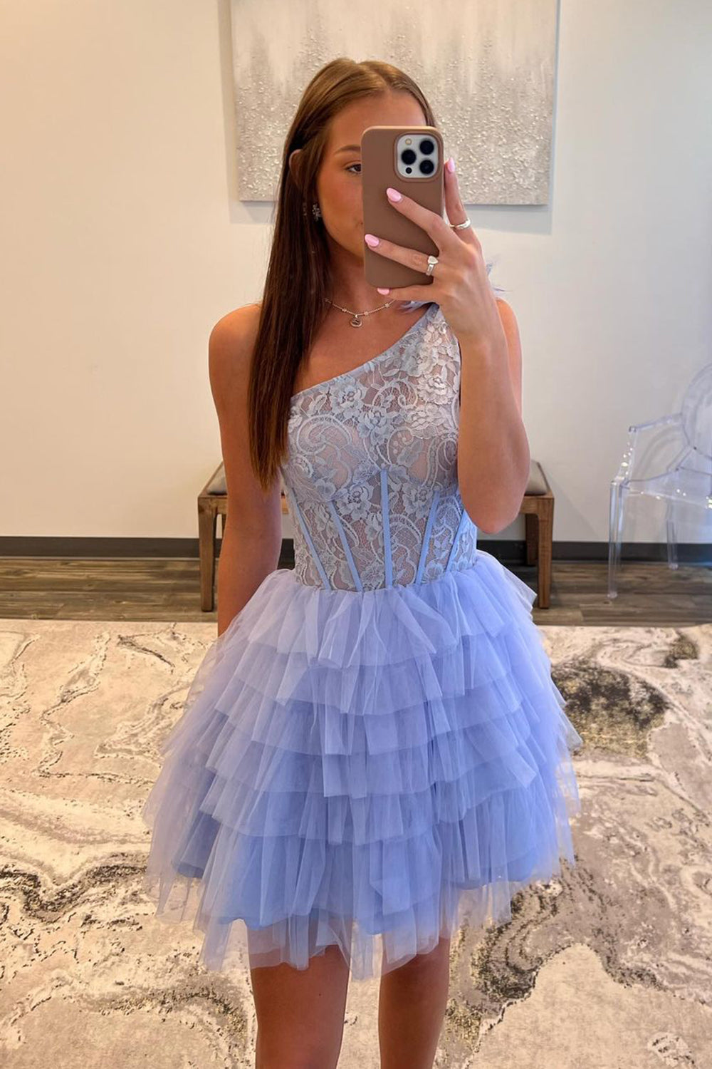 Lilac A Line One Shoulder Corset Short Homecoming Dress/Mini Dress