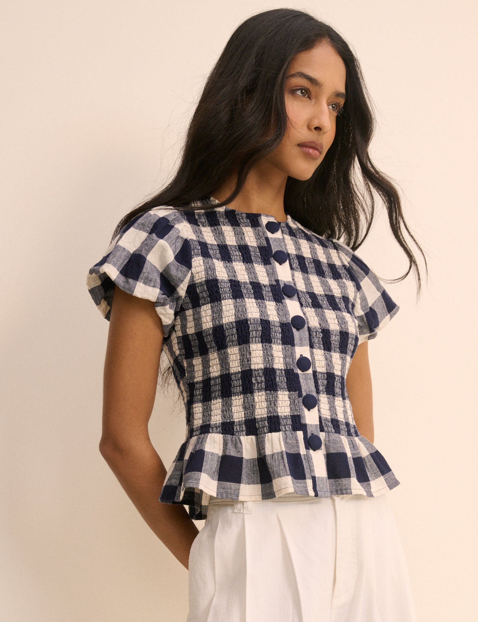 Navy Gingham Puff Sleeve Blouse