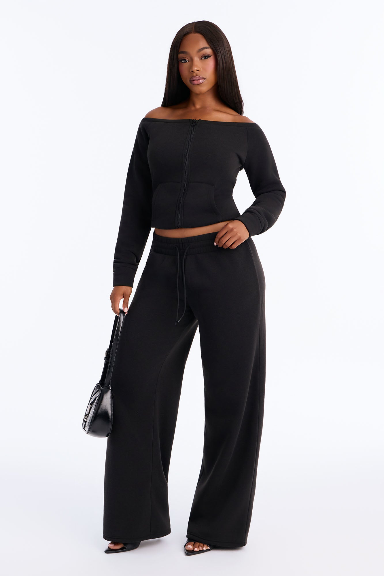 Jessie Off Shoulder Fleece Pant Set - Black