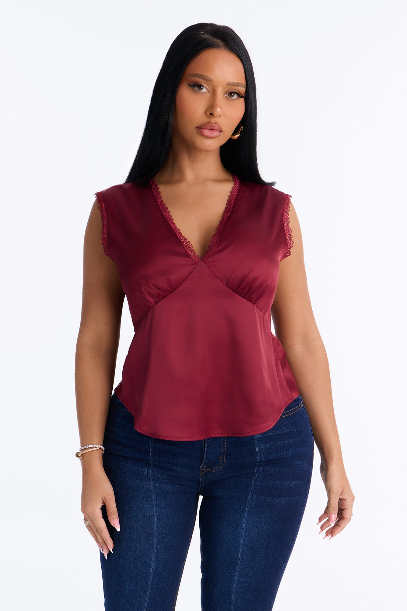 Sweet Smiles Satin Keyhole Blouse - Burgundy