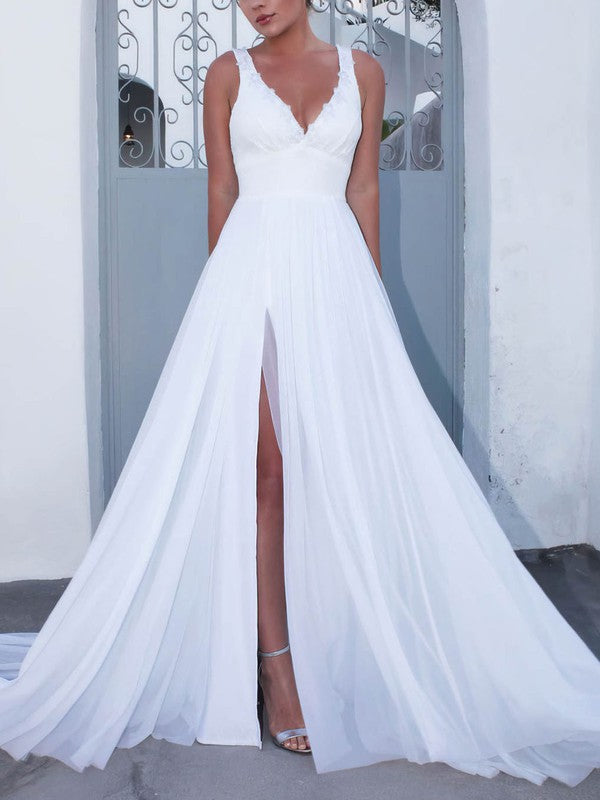 Fashionable A-Line V-Neck Sleeveless Chiffon Court Train Wedding Dresses with Split