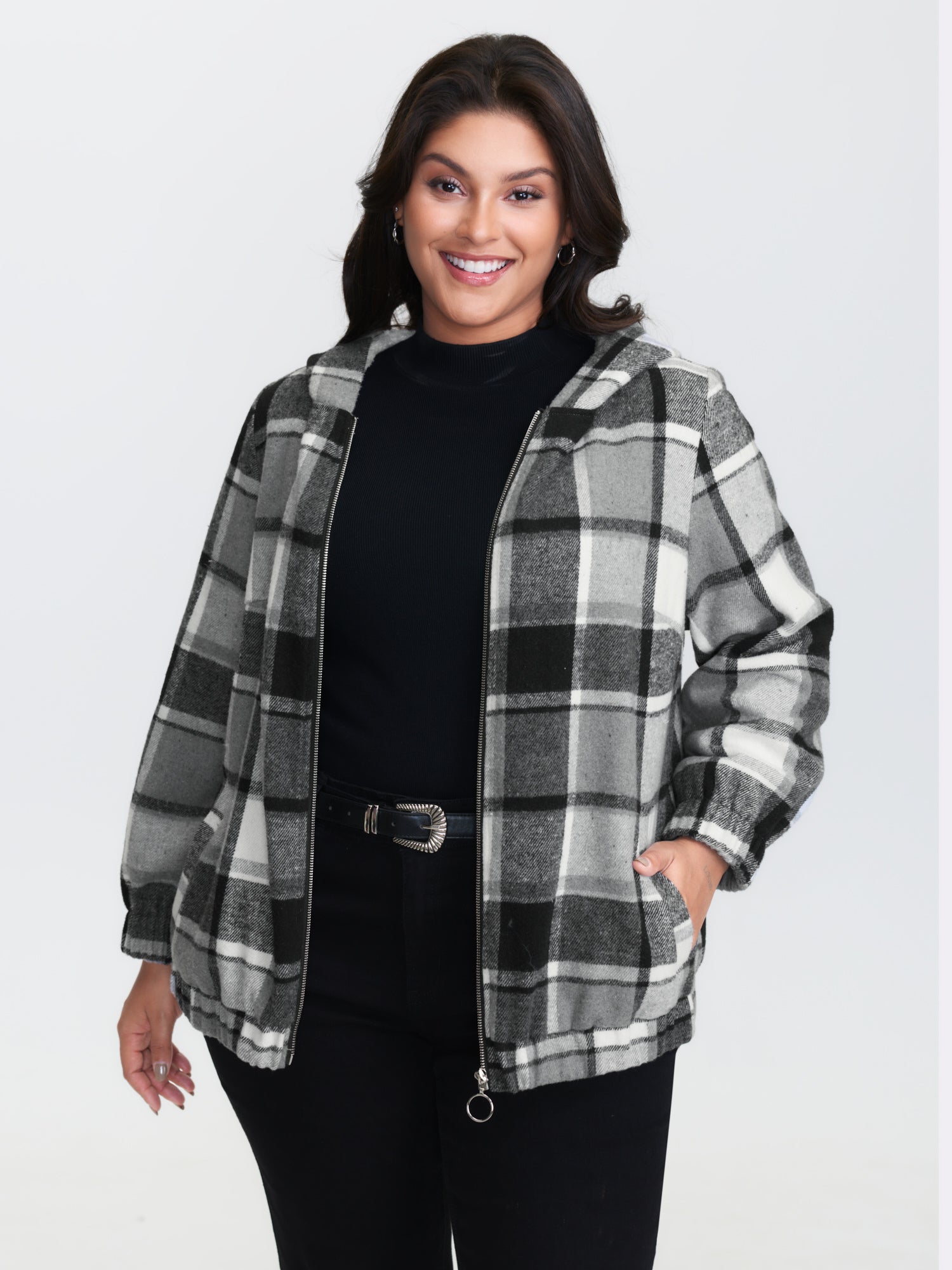 Plaid Print Lined Faux Fur Zipper Jacket