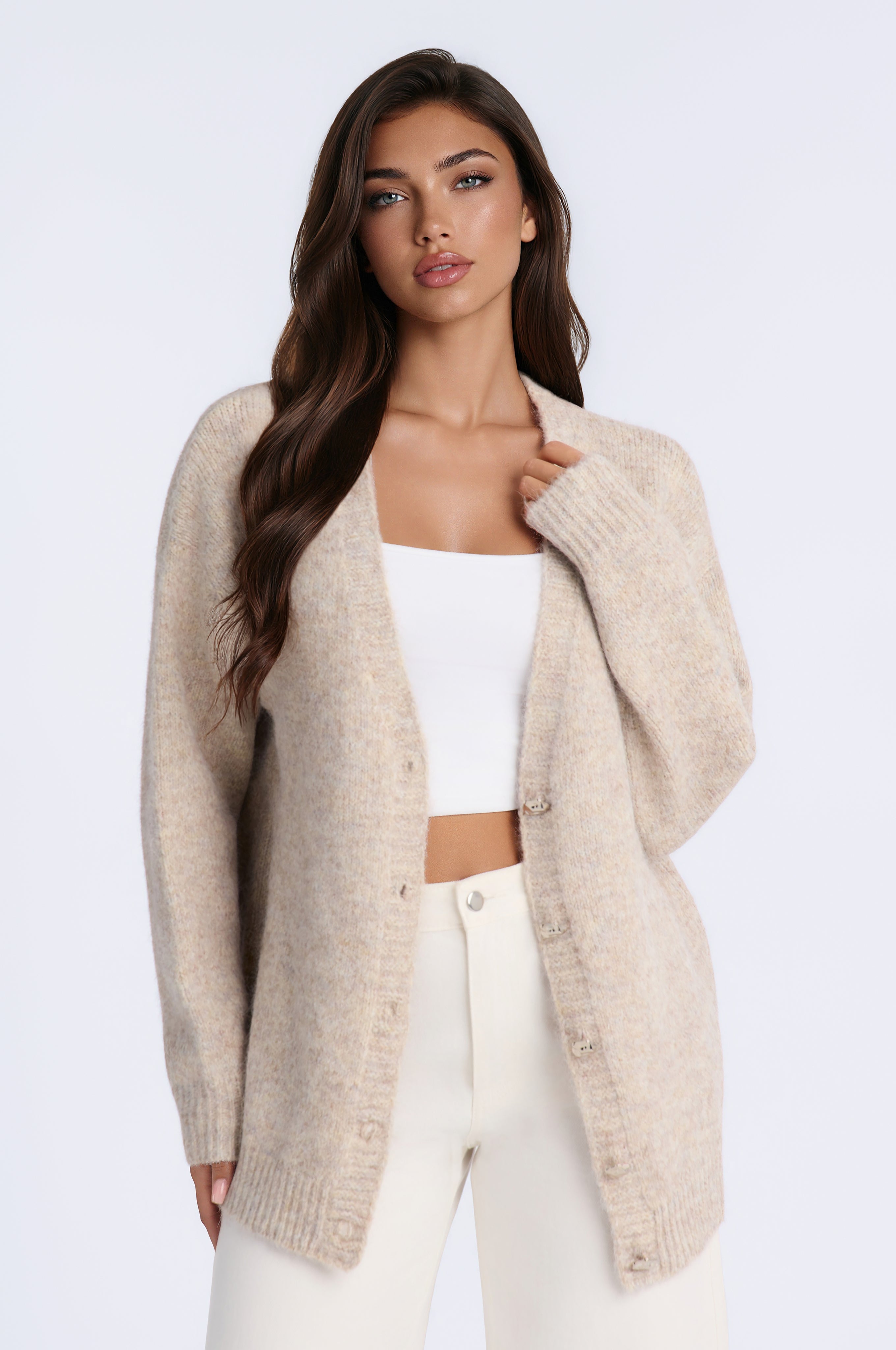 Cozy Chic Oversized Button Trim Cardigan - Taupe