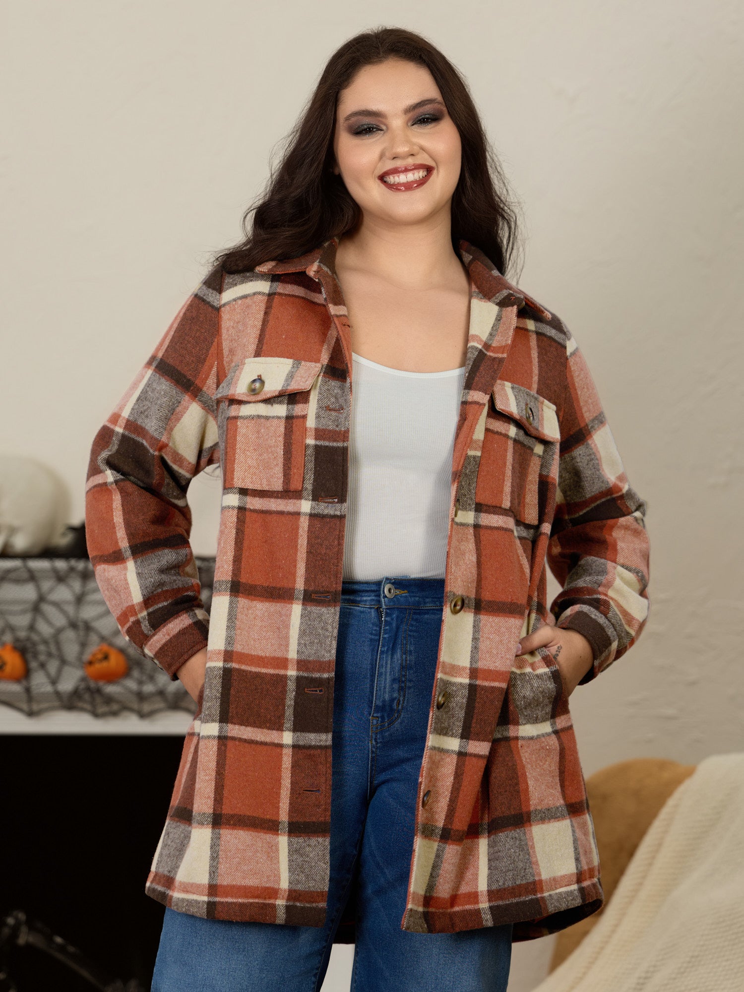 Plaid Pocket Button‑Down Coat