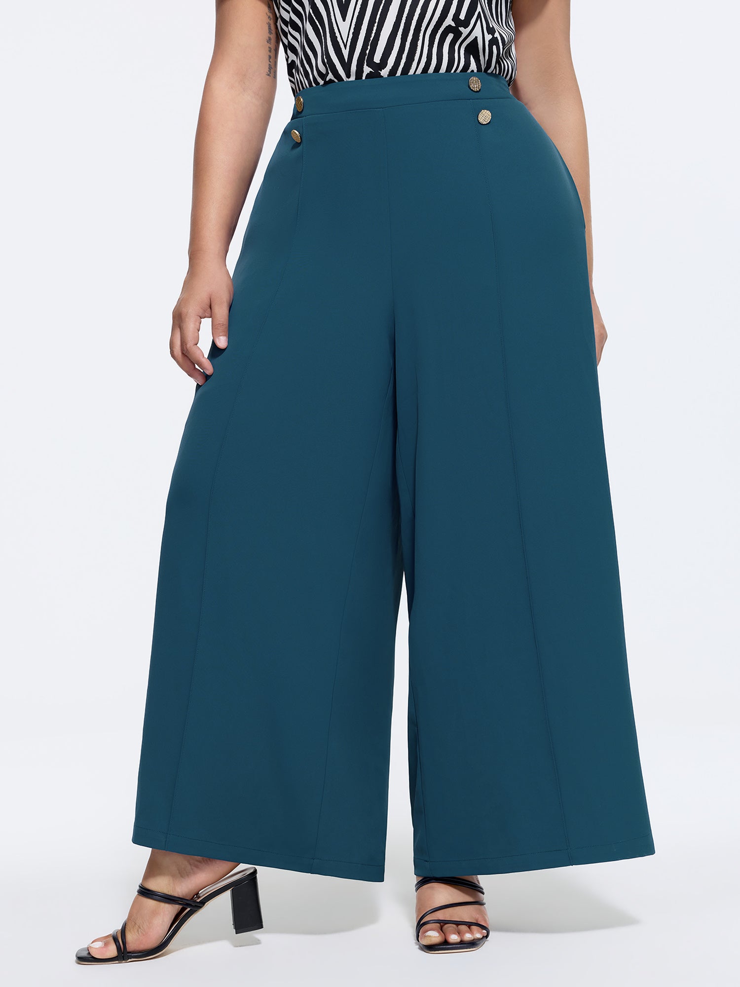 Button Detail Waistband Wide Leg Pants
