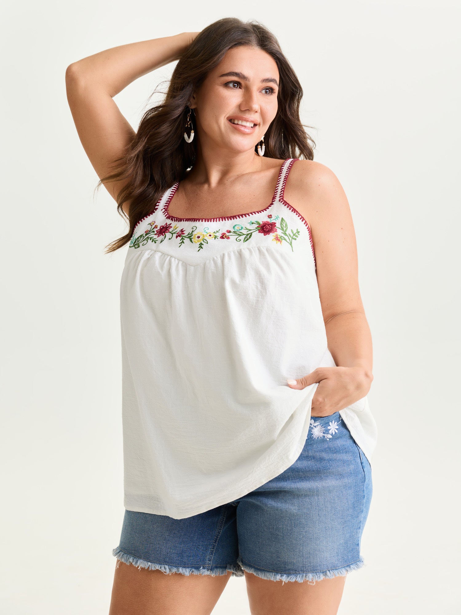 Pure Cotton Floral Embroidered Neckline Tank Top