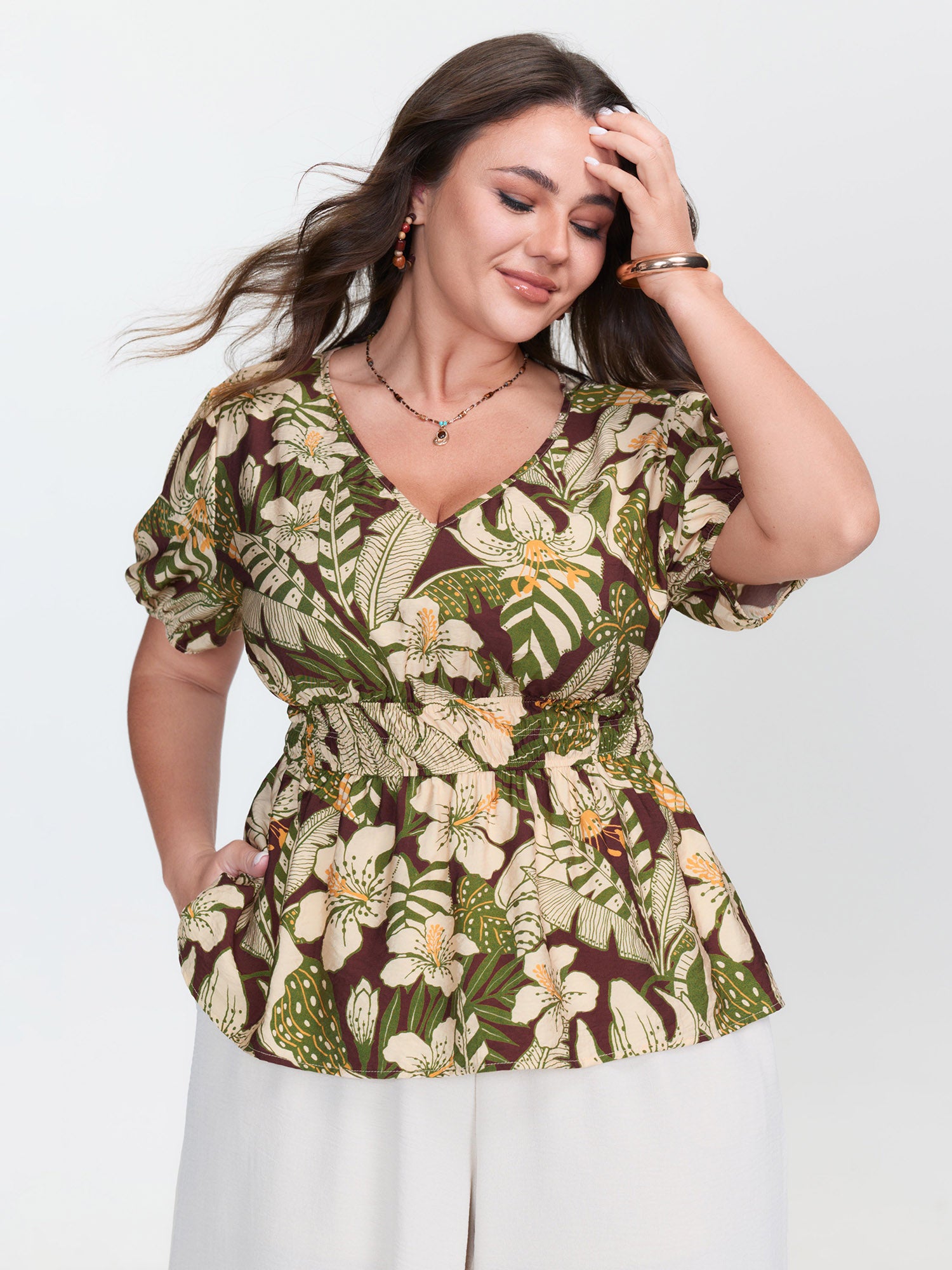Floral Print Cinched-Waist Blouse