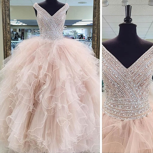 Luxurious Sequined V-Neck Tulle Ball Gown Wedding Dresses with Cascading Ruffles