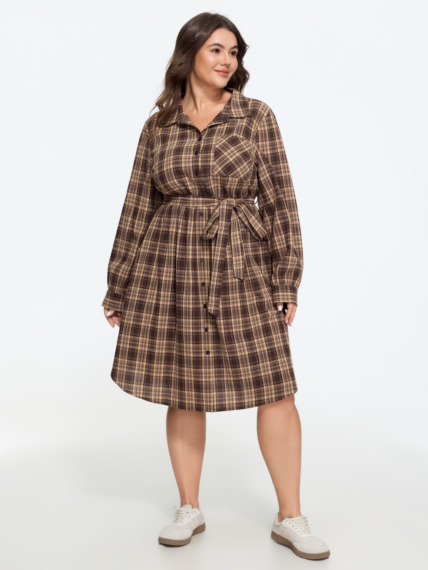 Cotton Plaid Button Down Tie Waist Midi Dress