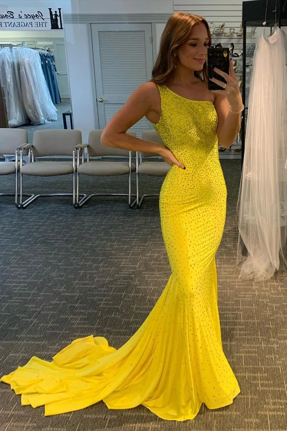 Prom Dress with Yellow Beads in Mermaid Style
