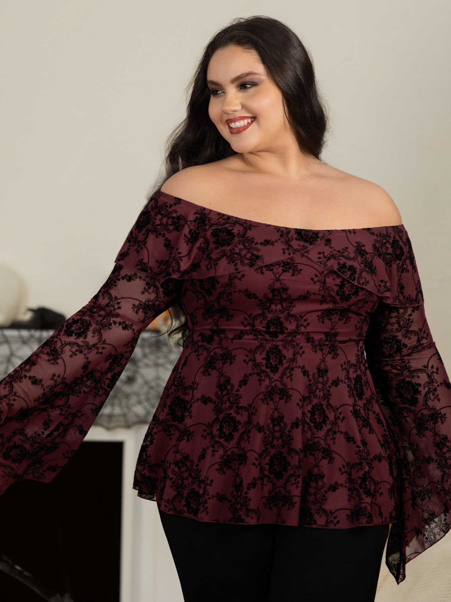 Floral Flocked Mesh Ruffle Off Shoulder Top