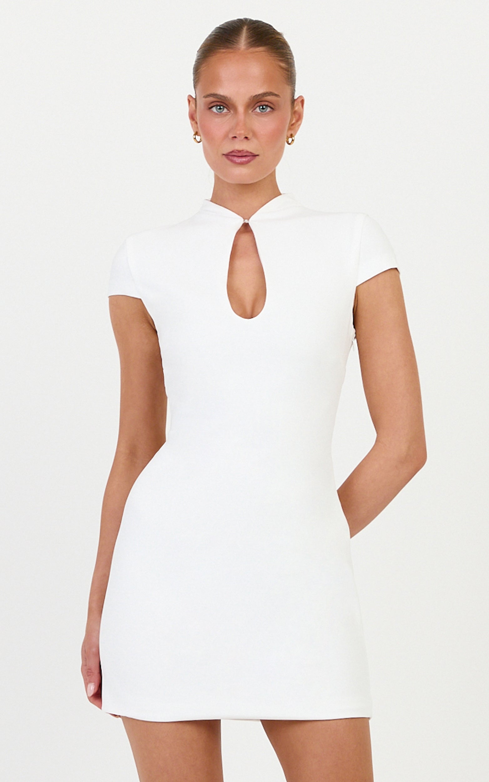 Briony Mini Dress - High Neck Front Key Hole Fitted Dress in White