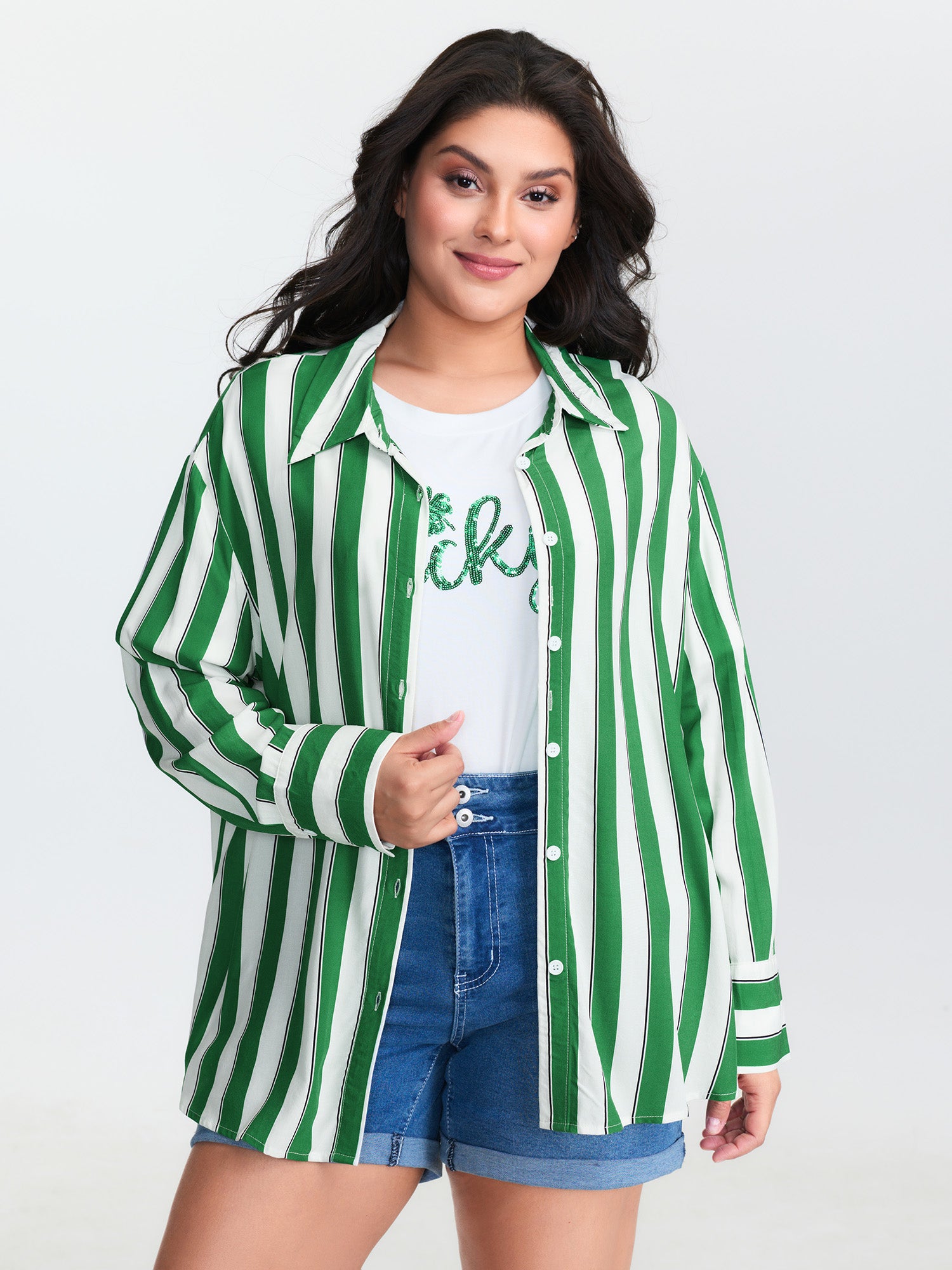 Striped Print Pleated Button-Down Shirt