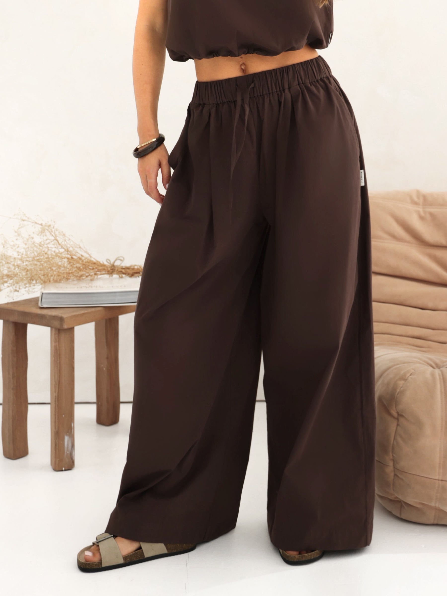 Kaia Wide Leg Poplin Trousers - Mocha Brown