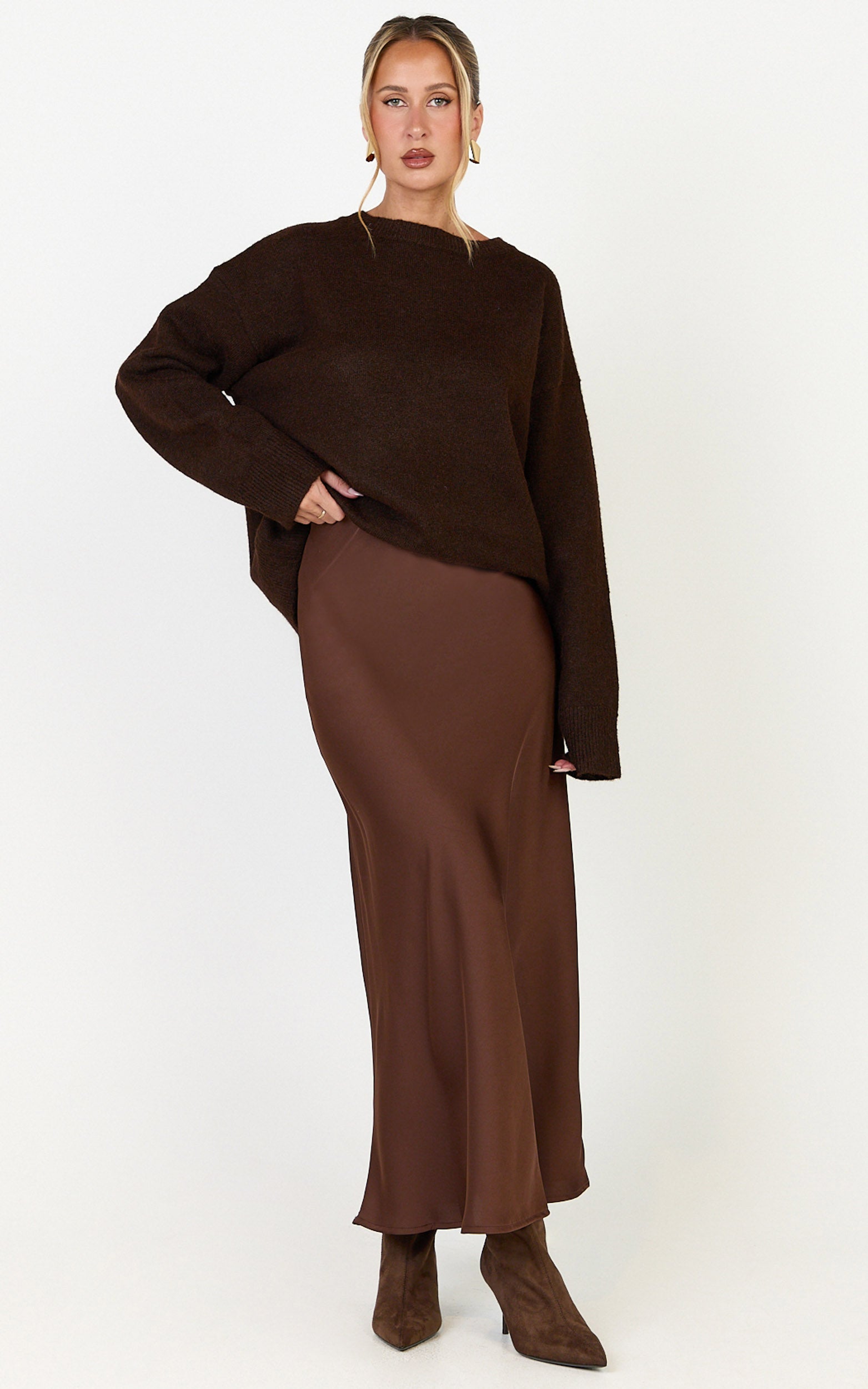 Amari Maxi Skirt - High Waisted Bias Cut Skirt in Chocolate