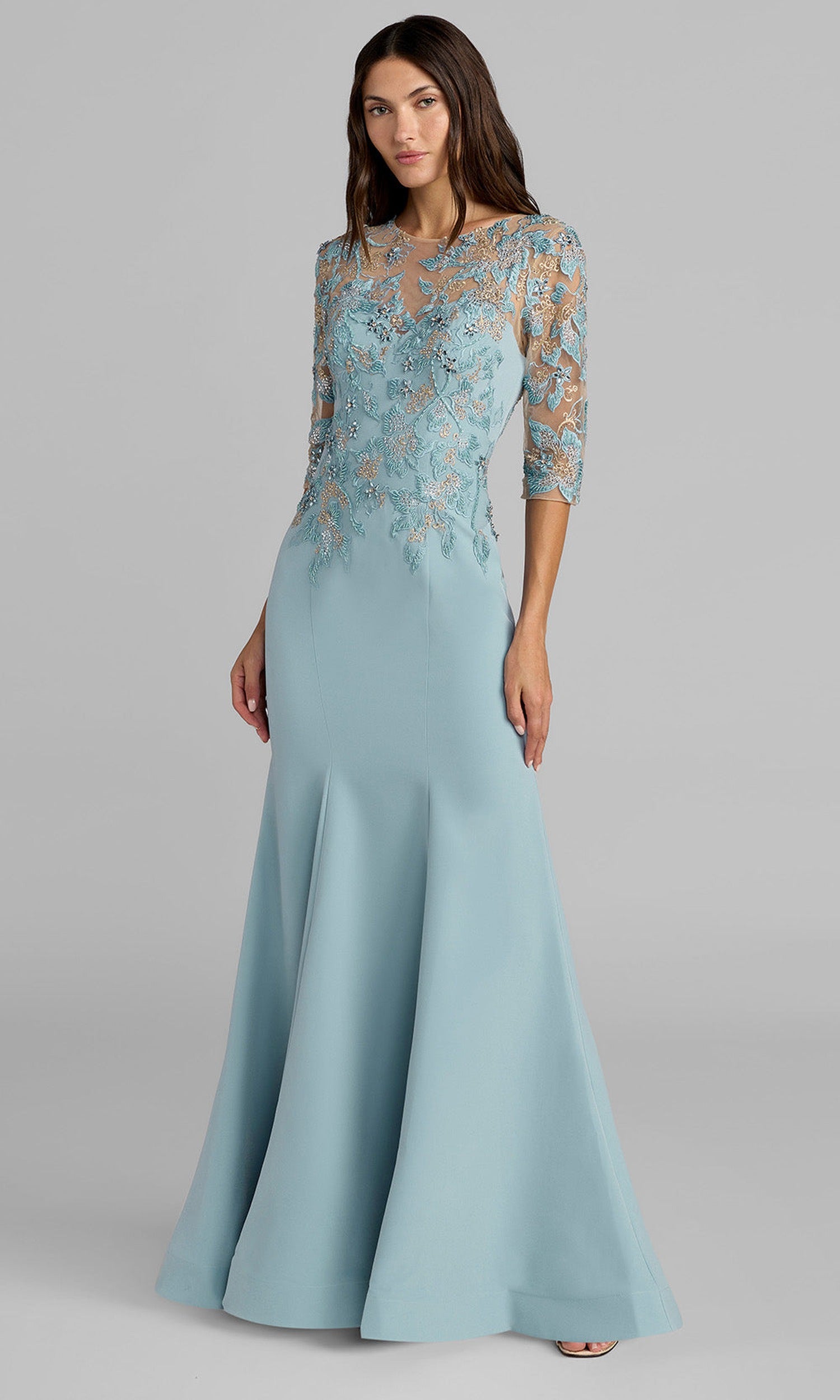 Mac Duggal 13204 - Three-Quarter Sleeve Embroidered Evening Gown