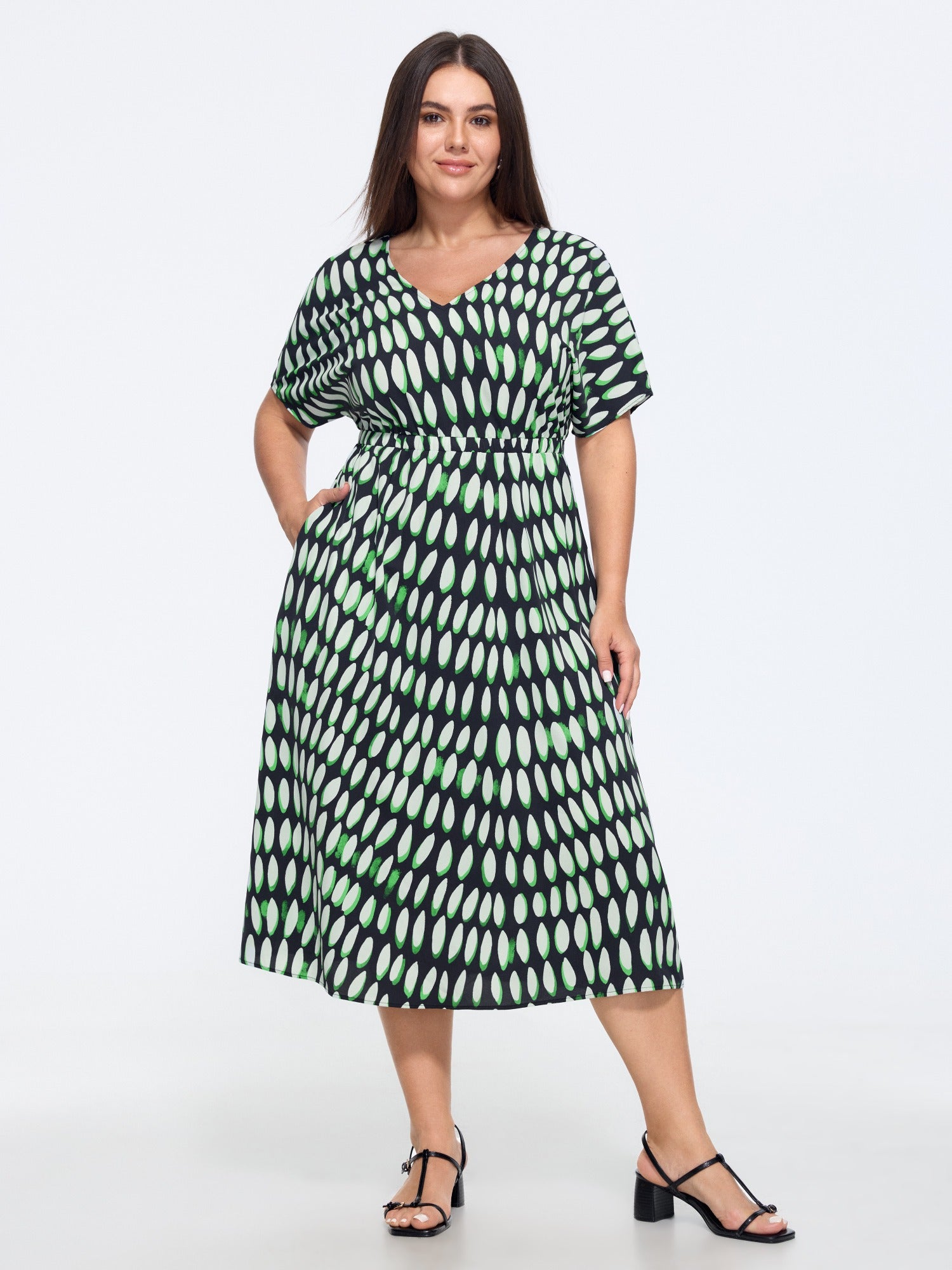 Ellipse Polka Dot Print Ruched Waist Midi Dress