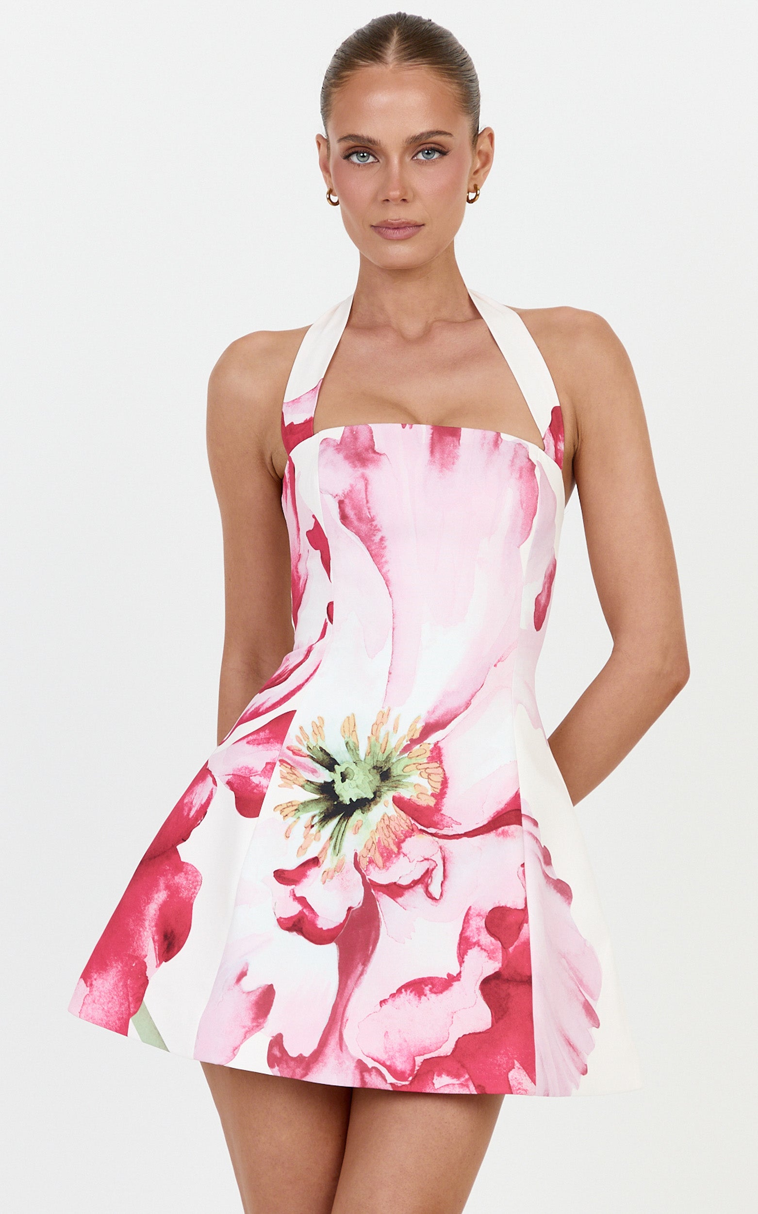 Alessia Mini Dress - Halter Neck Tie A Line Skirt Dress in Painted Poppy Print