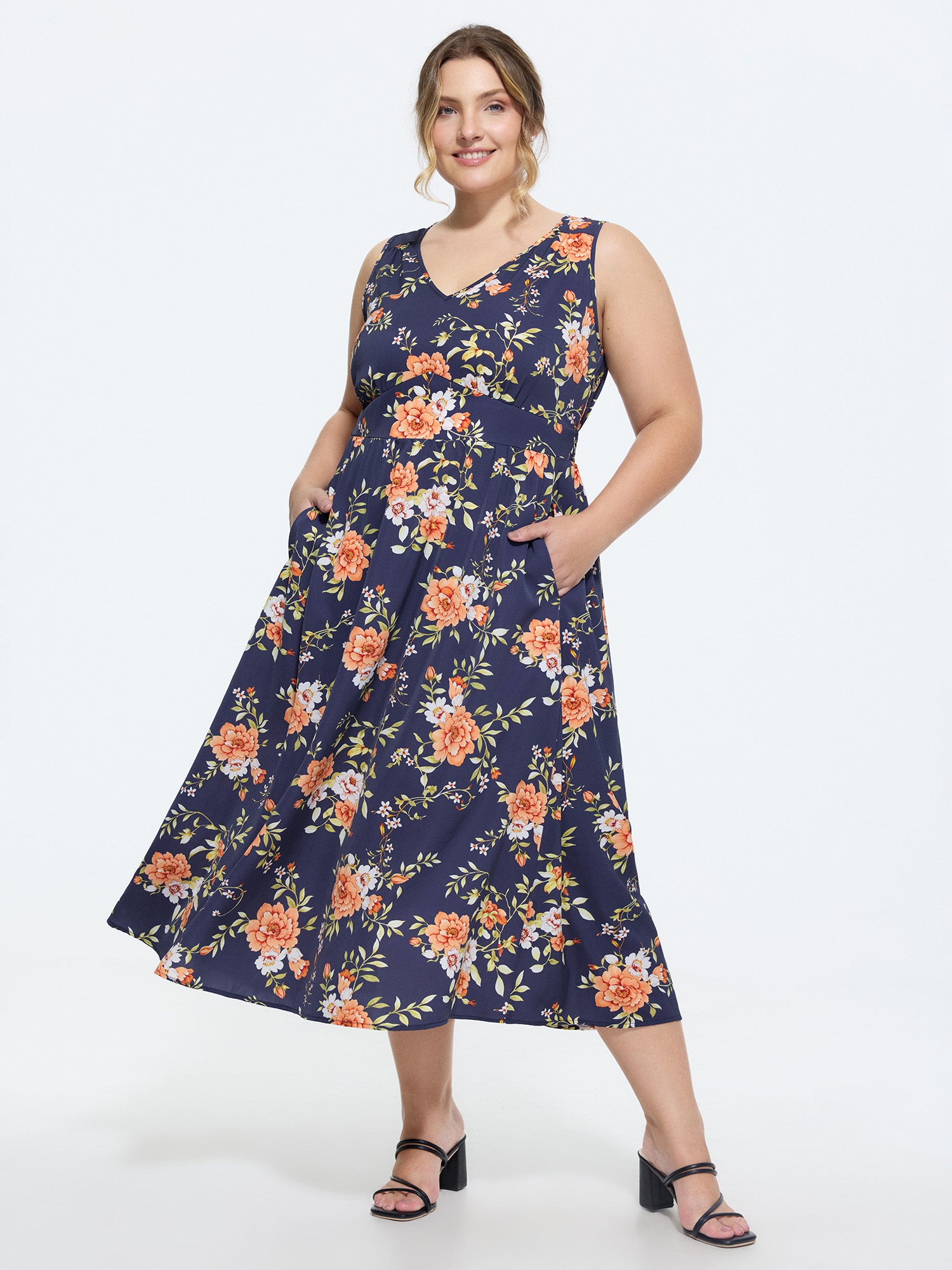 Floral Print Triangular Waist Midi Dress