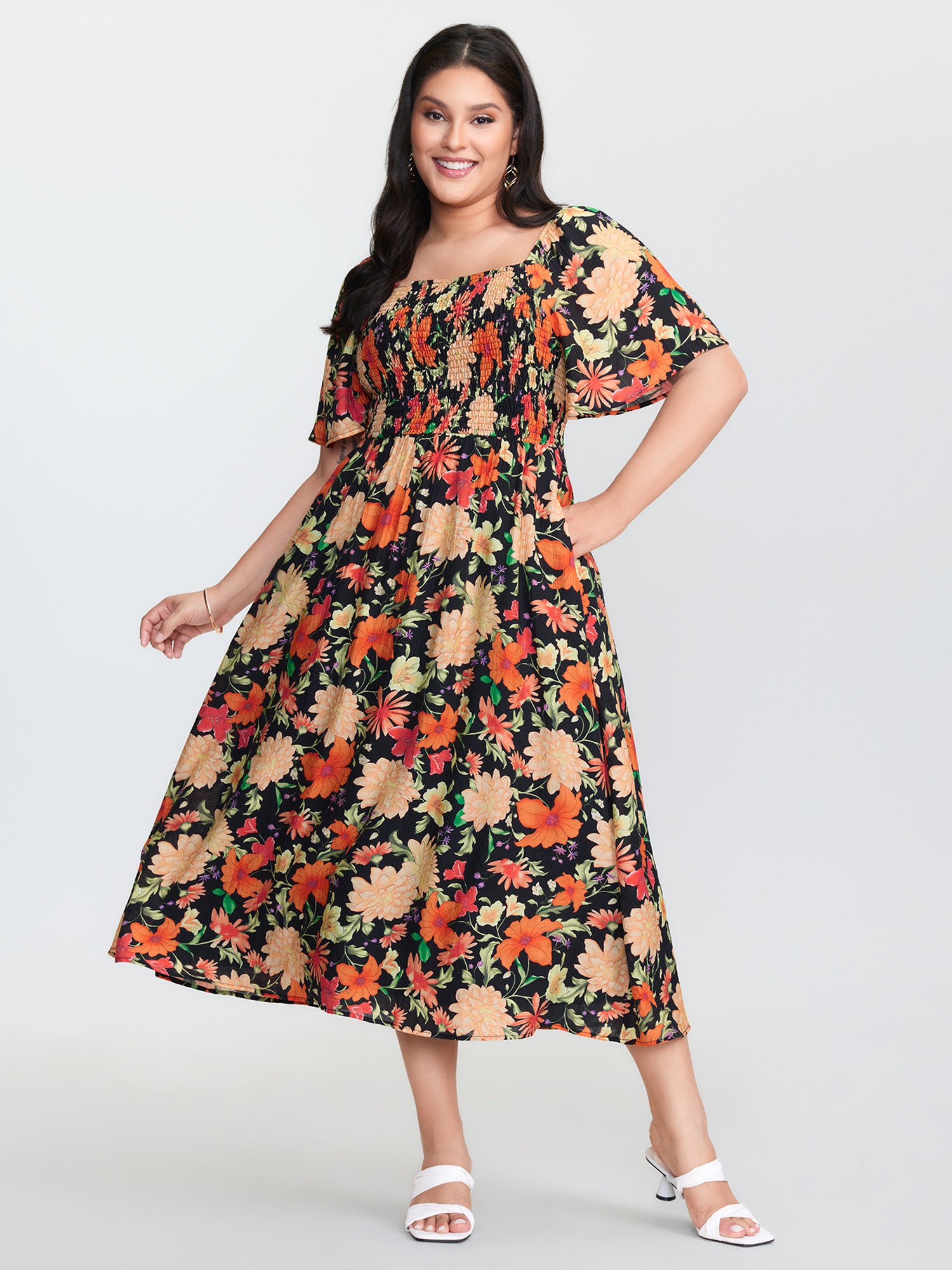 Floral Print Square Neckline Shirred Bodice Midi Dress