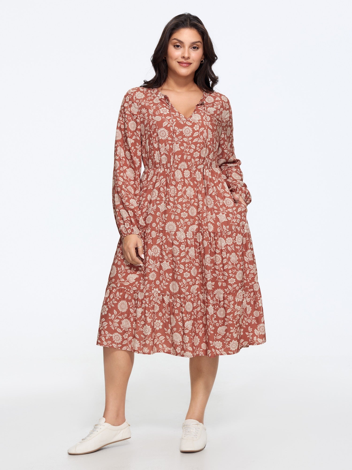Floral Print Pocket Tiered Midi Dress